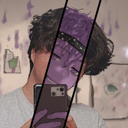 Keehan in a mirror selfie, half the frame washed violet