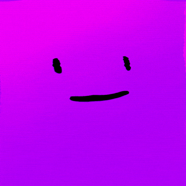 Animated avatar: the slime face on a magenta square crossed by scan lines, its mouth wobbling between a smile and a flat line