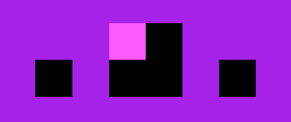 A strip of purple pixels with two black square eyes and a black block with a pink corner between them