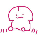 Tiny pink line doodle of a mushroom shaped slime with a cat mouth, rolling along on two wheels