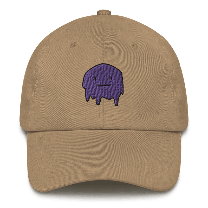 Khaki dad hat with the purple slime mascot embroidered on the front