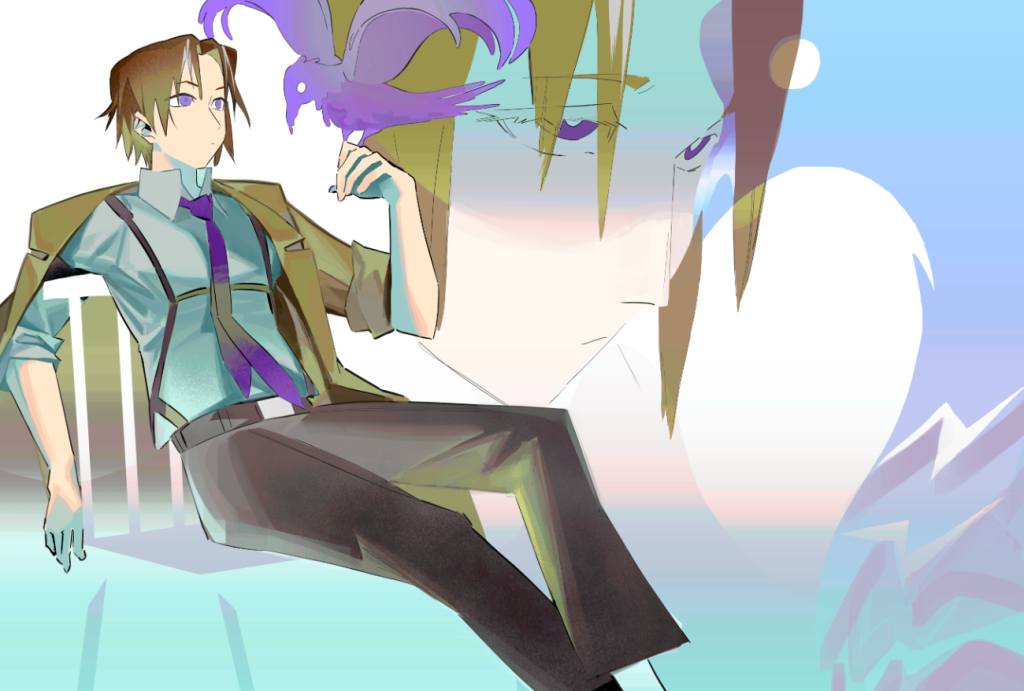Illustration of Keehan seated against a pale blue and green background