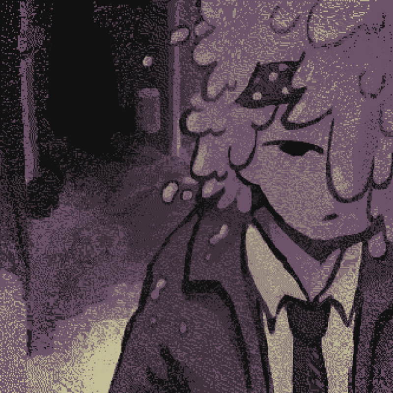 Keehan in close up, the whole drawing reduced to an ordered dither in purple and cream