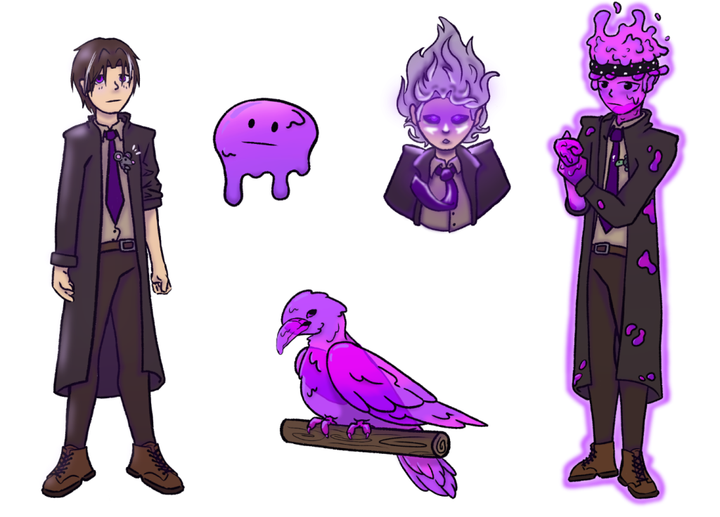 Character reference sheet: Keehan front on, the slime mascot and the purple bird drawn side by side