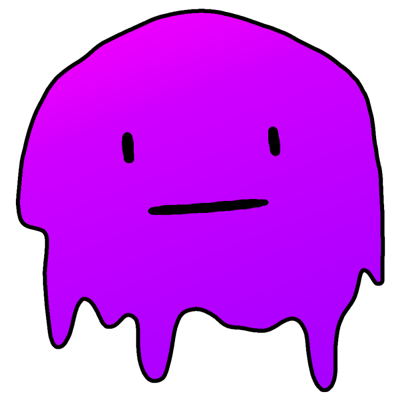 The slime mark: a magenta blob with a flat mouth and two eyes, dripping at the base