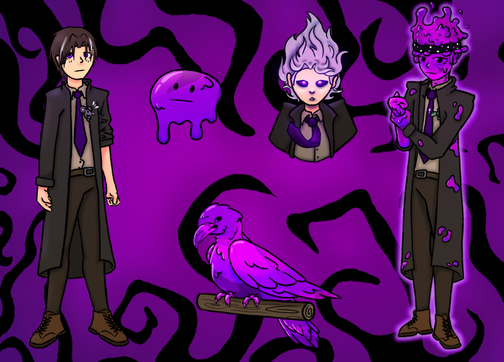 Character sheet on a purple ground showing Keehan, the slime and the bird