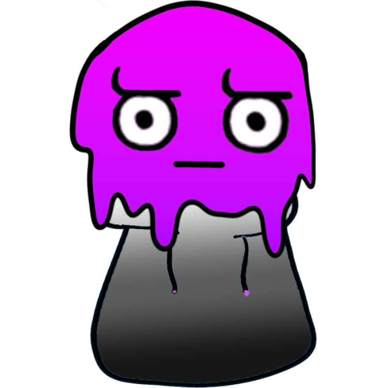 The slime in a grey hoodie with wide round eyes and one raised brow