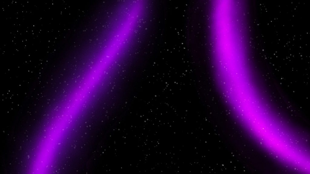 A starfield with two bright purple arcs of light curving up the frame