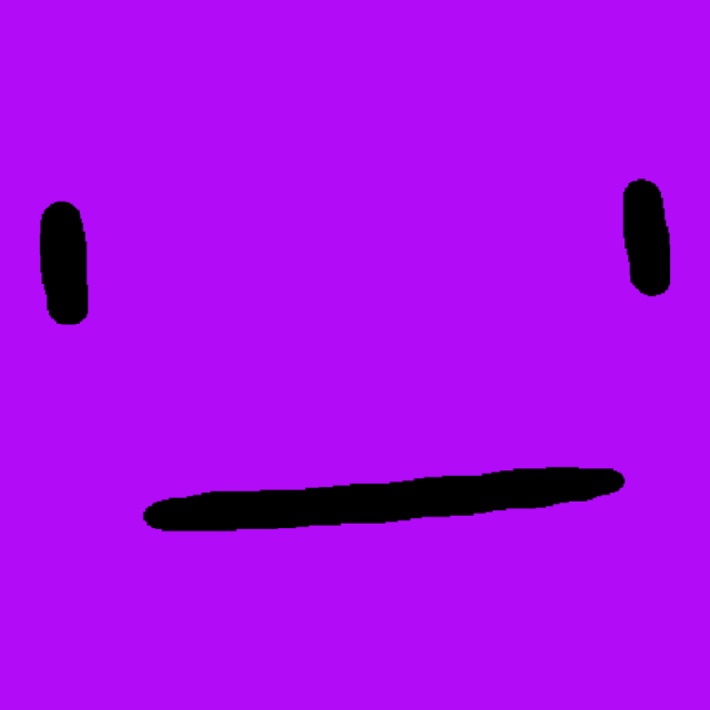 The slime face, two eyes and a flat mouth, on a flat purple square