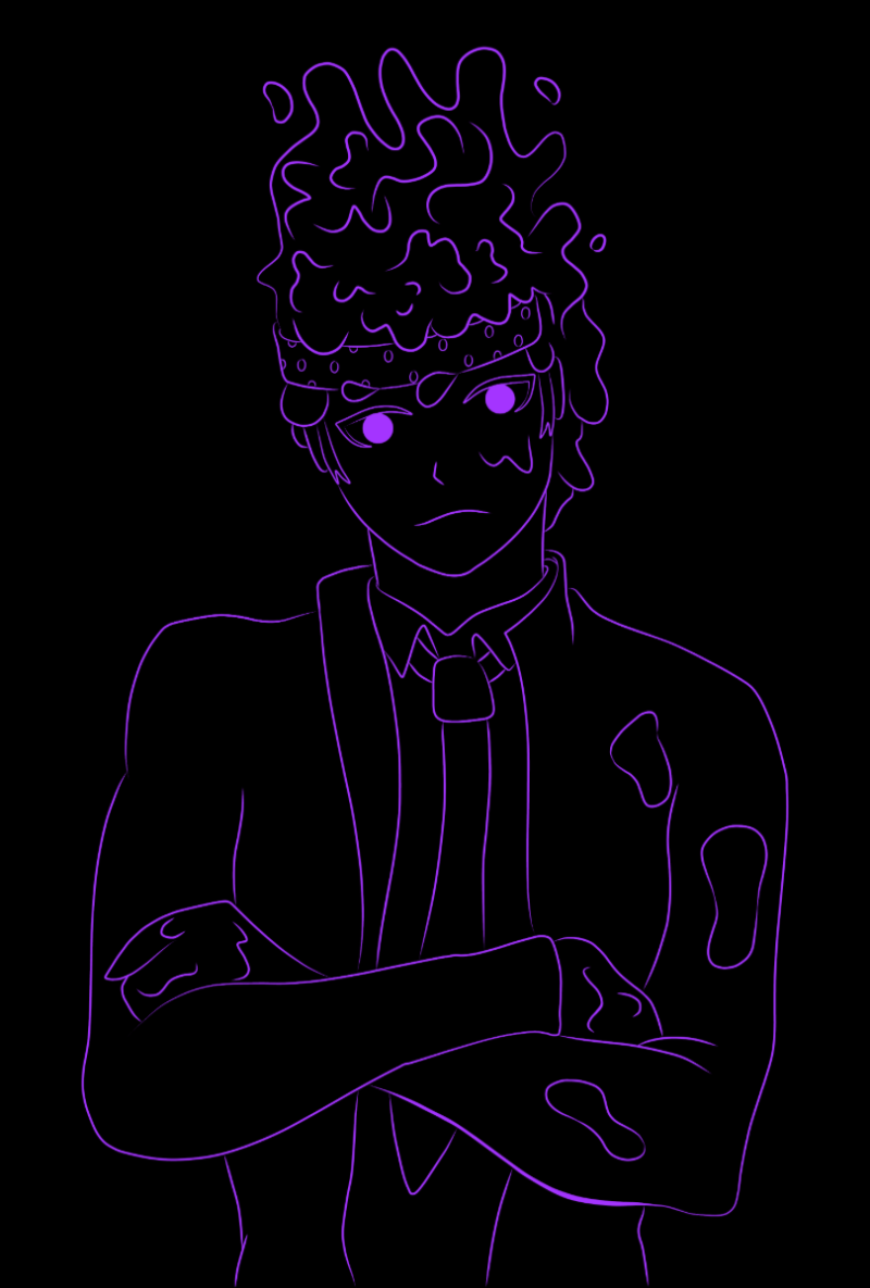 The arms crossed pose as a thin purple outline on black, eyes filled in