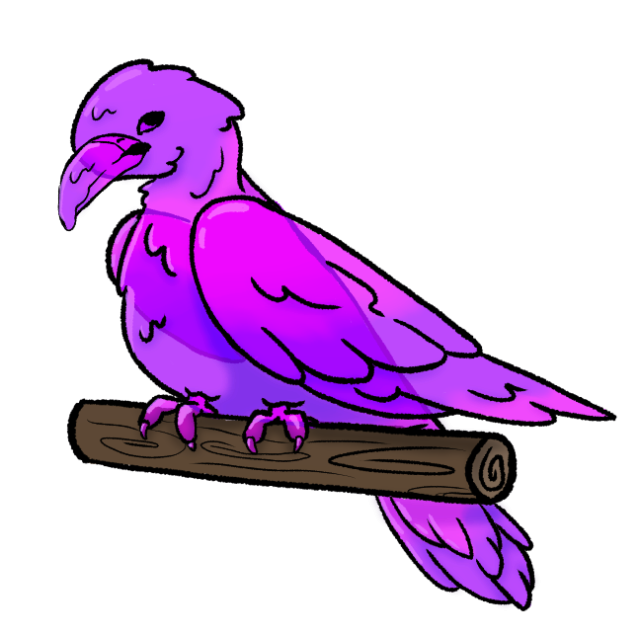 The purple and magenta bird perched on a cut log, beak open and tongue out
