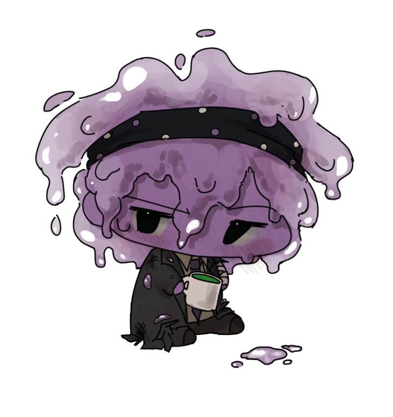 Chibi Keehan sitting on the ground with a mug, an oversized slime head drooping over a studded headband, a small puddle beside him