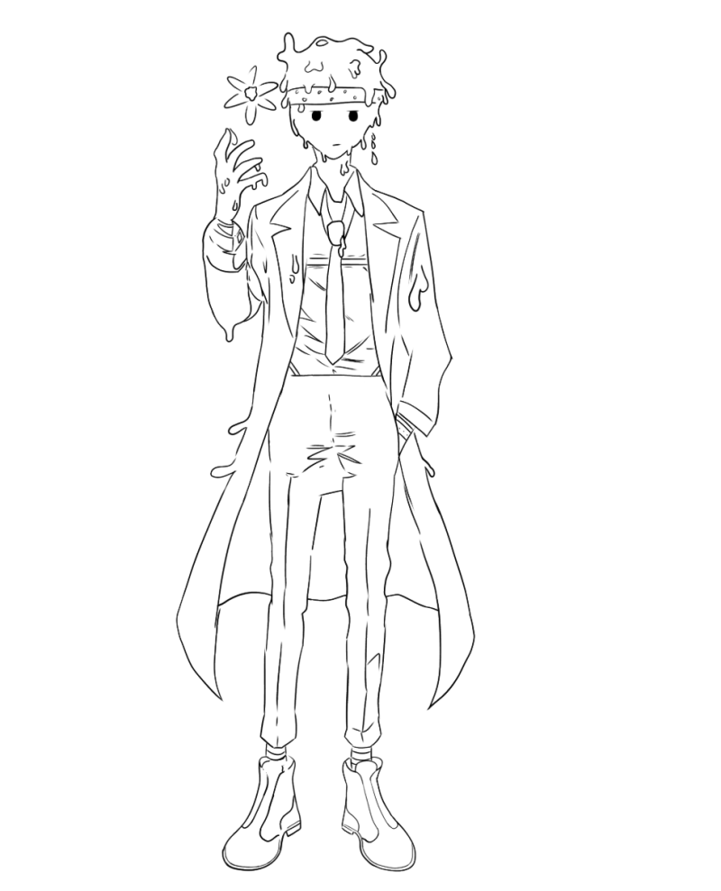 Line drawing of Keehan standing full length in a long open coat, shirt and tie, one hand raised beside his head, slime hair under a headband