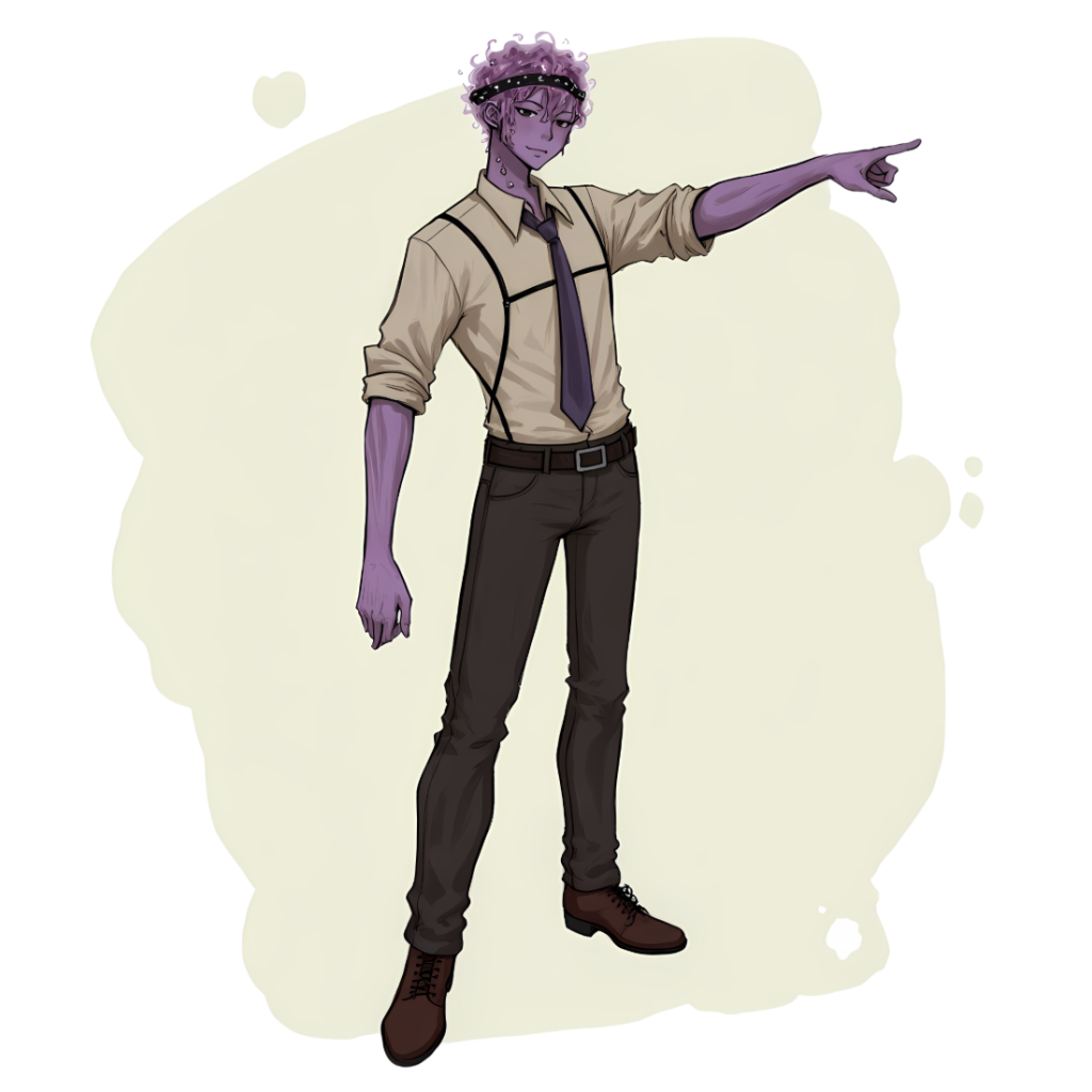 Full figure of Keehan in a tan shirt, tie and braces, pointing off to the right against a splash of cream paint