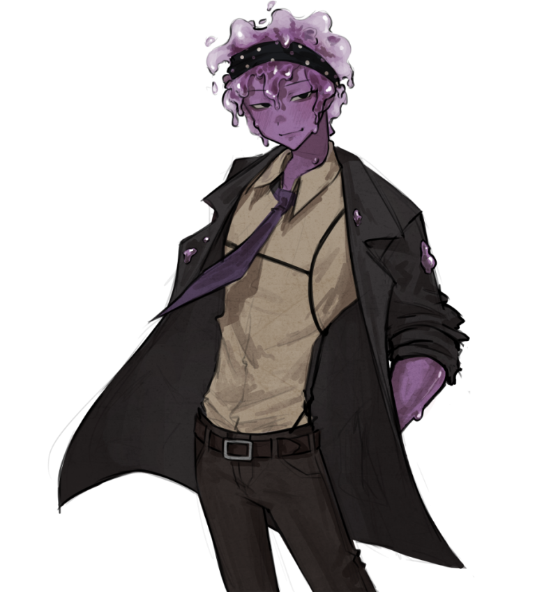 Keehan the character: a figure in a long dark coat with a mass of pale purple slime where a head would be