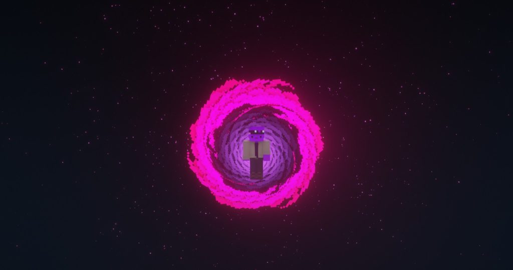 Minecraft screenshot: the Keehan skin standing inside a glowing pink ring in a dark starry void