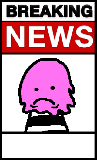 A mock breaking news card: a frowning pink slime in a striped shirt, with the headline box under it left empty