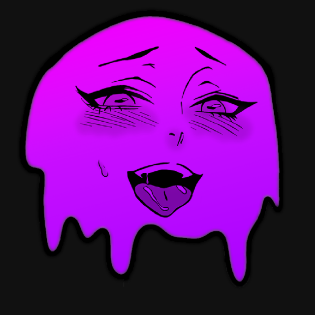 The cursed slime, flushed and open mouthed with its tongue out, on a black ground