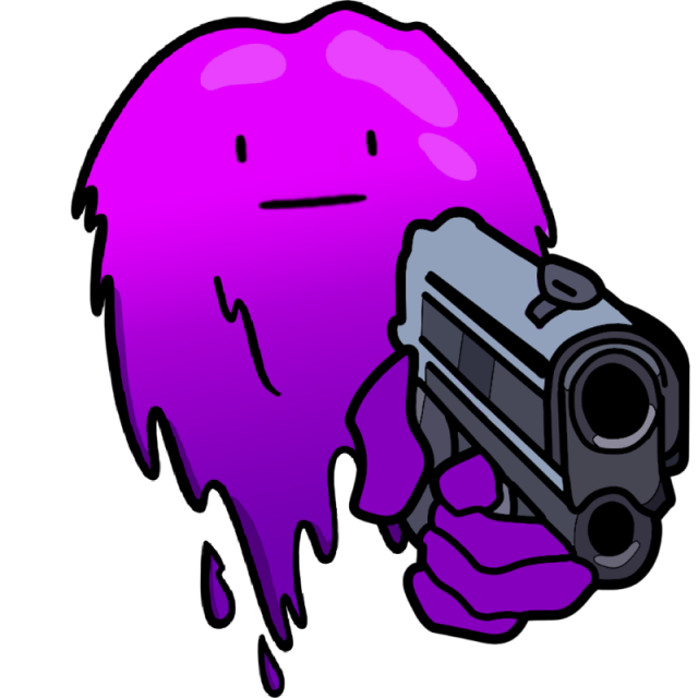 The slime with a flat face pointing a pistol straight at the viewer