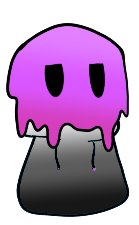 The slime in a grey hoodie with two tall oval eyes, pink at the top and darker toward the drips