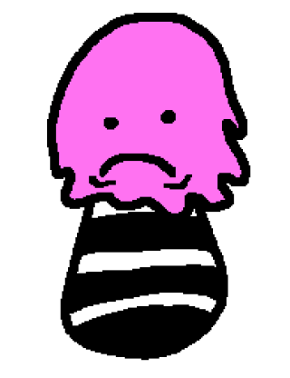 A pink slime with a deep frown wearing a black and white striped shirt